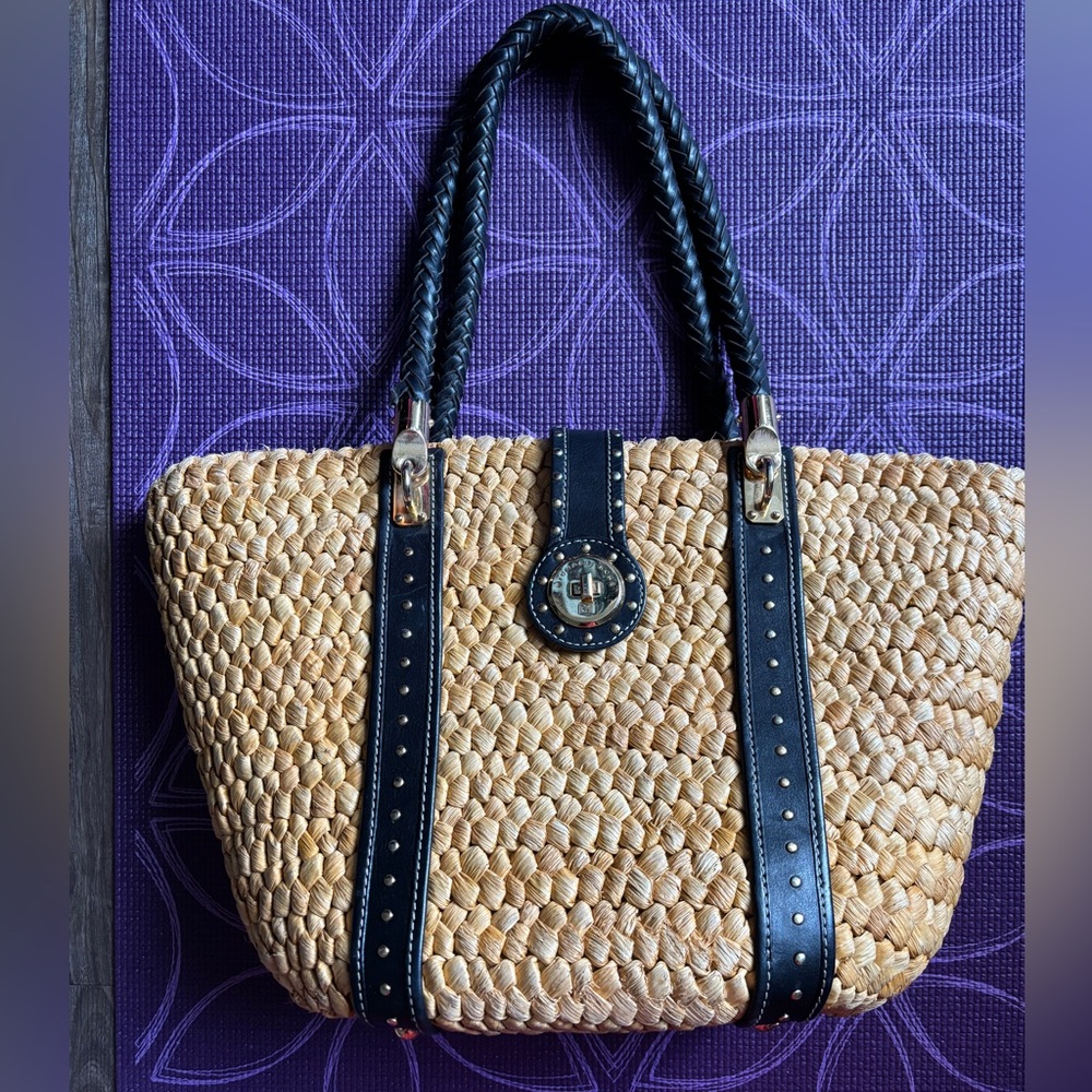 Michael Kors Natural Santorini Raffia Tote with Black Handles